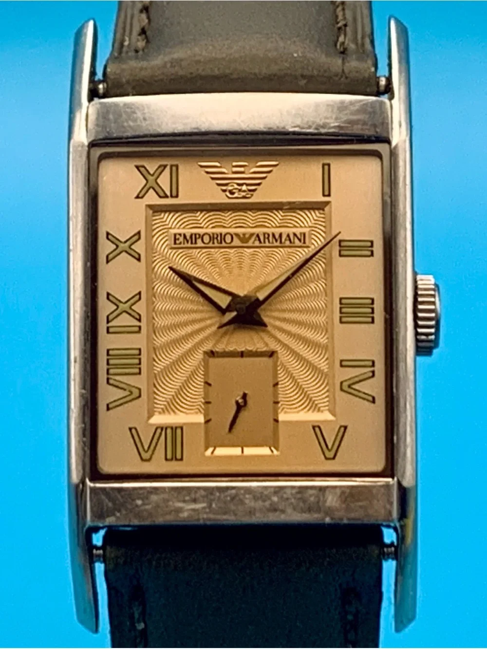 EMPORIO ARMANI AR-0251 Men’s Tank Style Wristwatch St Steel Case Leather Working